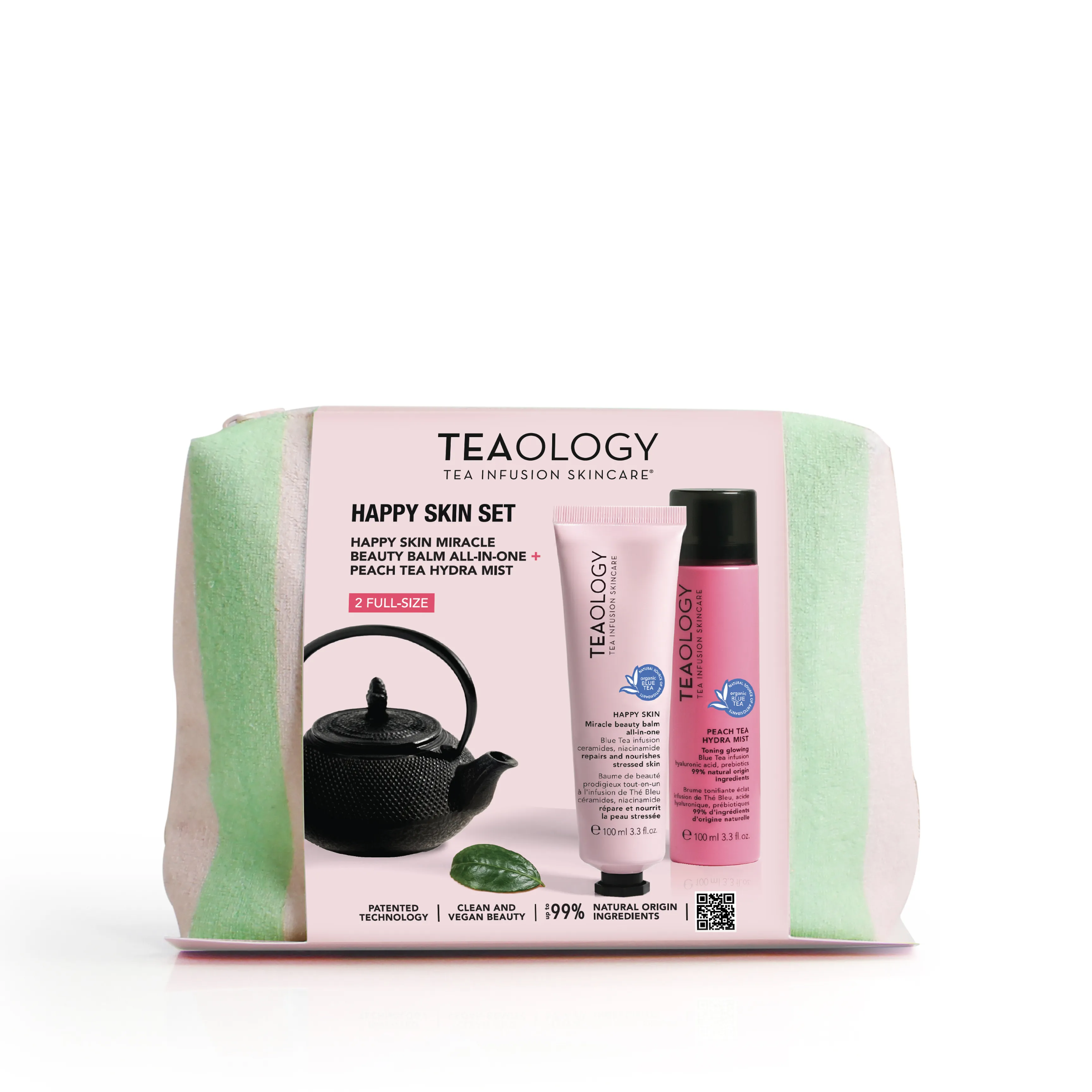 Teeset und Hautpflegeprodukte von Teaology in einer grünen Tasche.