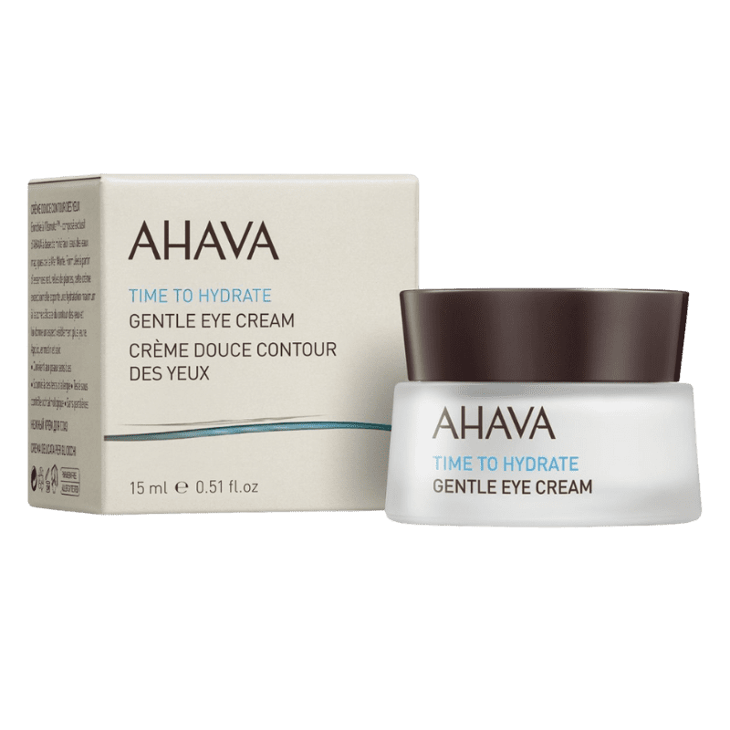 AHAVA Gentle Eye Cream, 15 ml, in weißem Tiegel mit braunem Deckel, neben der Produktverpackung.