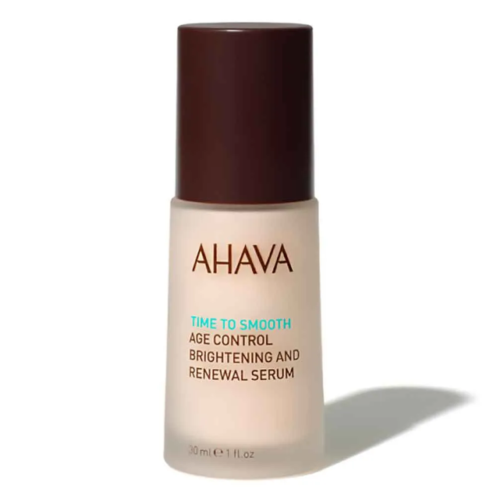 AHAVA Time to Smooth Age Control Brightening and Renewal Serum, 30 ml Flasche, auf weißem Hintergrund.