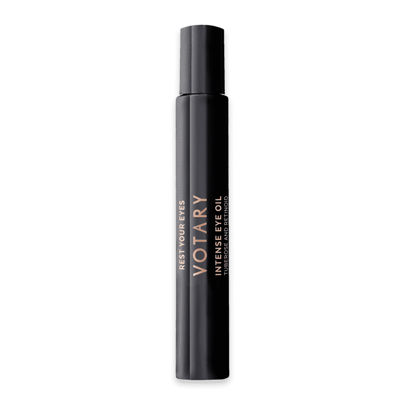 Schwarze Flasche Votary Intense Eye Oil mit goldener Schrift auf weißem Hintergrund.