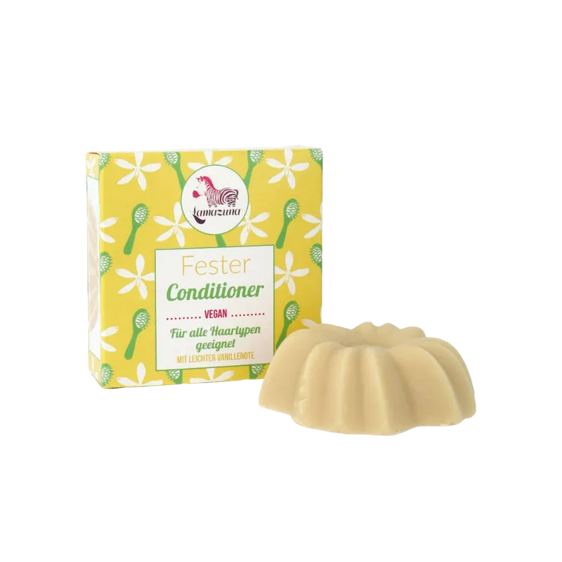 Lamazuna fester Conditioner mit Vanilleduft, veganes Produkt, geeignet für alle Haartypen, Verpackung und Produkt abgebildet.