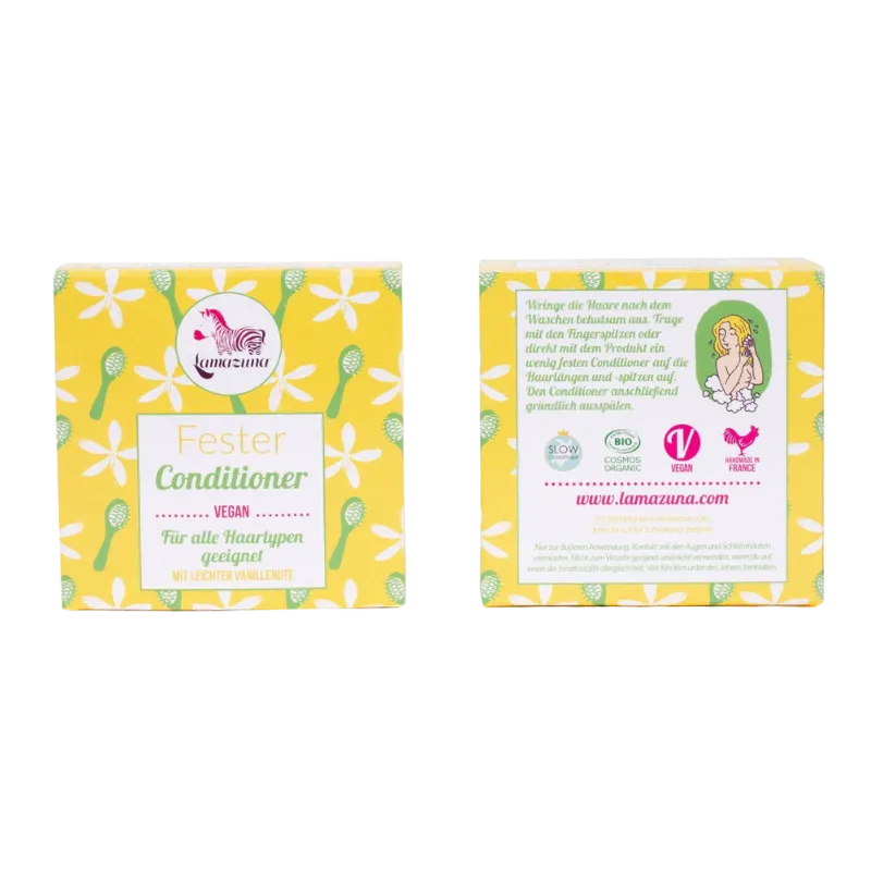 Zwei gelbe Verpackungen des festen Conditioners von Lamazuna mit Vanilleduft, vegan und für alle Haartypen geeignet.