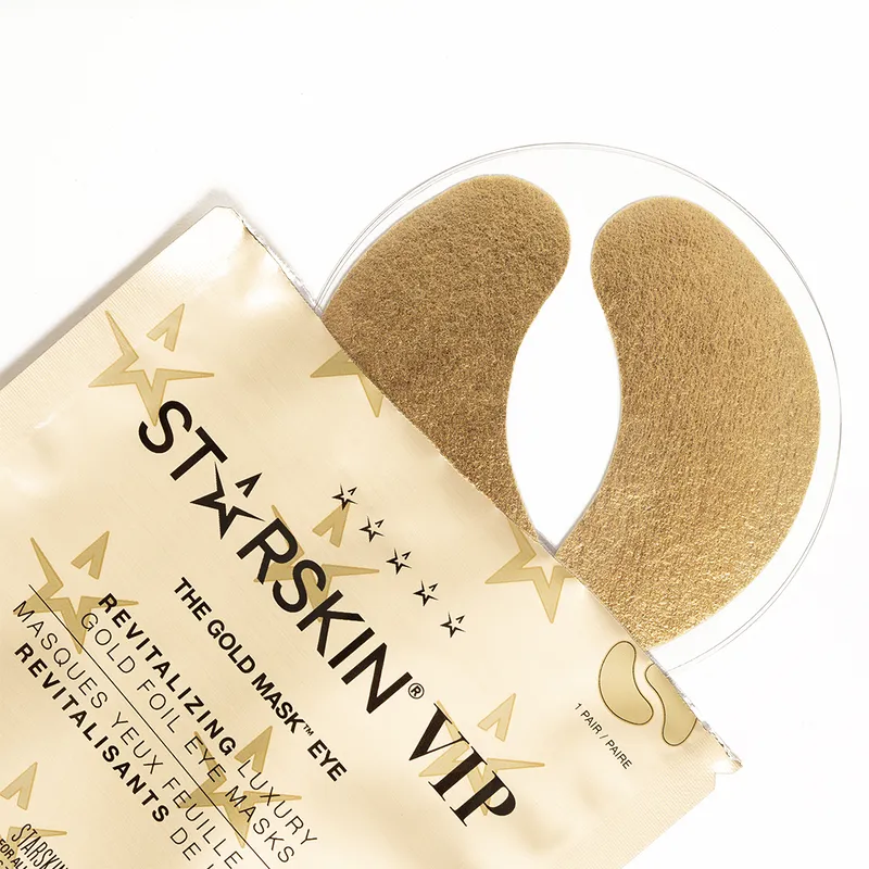 STARSKIN VIP The Gold Mask Eye 5er-Pack, revitalisierende Augenmasken, goldene Verpackung und Masken, Nahaufnahme.