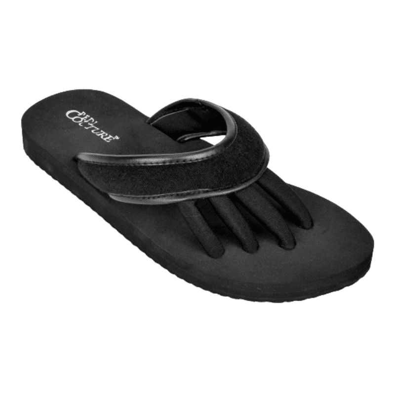 Schwarze Pediküre-Sandale mit separaten Zehenfächern, Marke Pedi Couture.