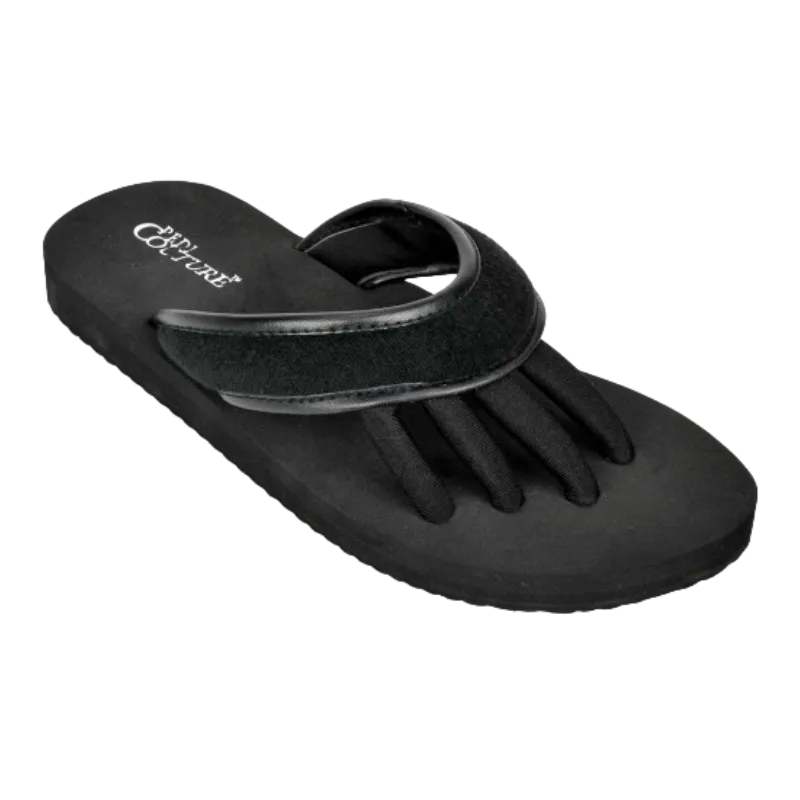 Schwarze Pediküre-Sandale mit separaten Zehenfächern, Marke Pedi Couture.